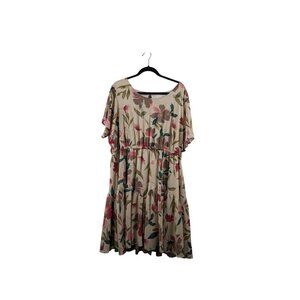 Floral Midi Dress With Elastic Waist Short Sleeves & Back Button Closure Size 18